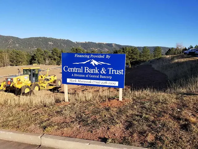 Bank construction sign on a building lot