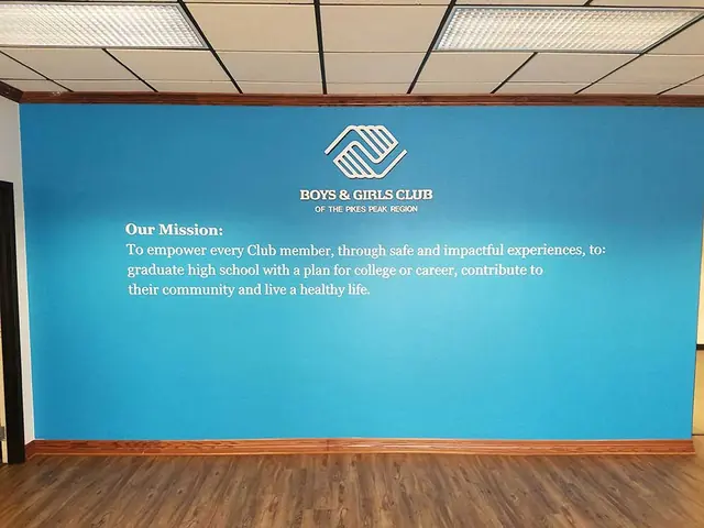 Large blue wall mural graphic with logo