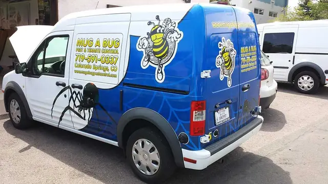 Van with full blue wrap graphics