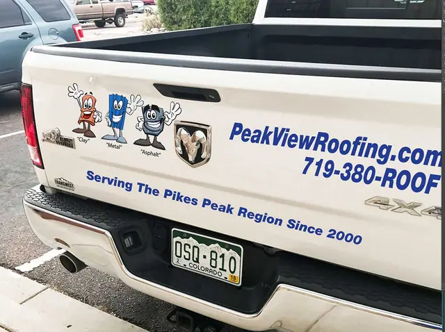 PeakView Roofing tailgate lettering